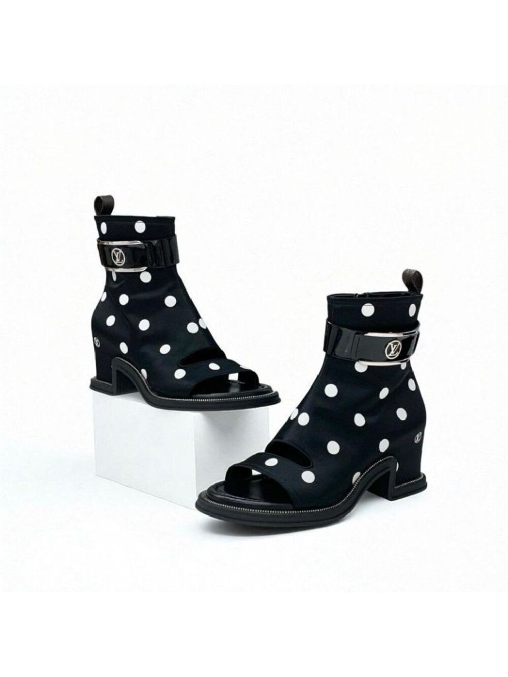 Louis Vuitton Moonlight Line Boots Short Shoes Satin Black White Dot Belt